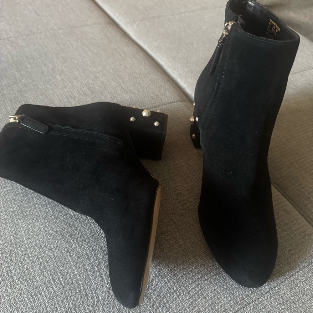 Kate Spade Taraji Black Suede Ankle Boots with Pearl Accents on heel. Size 8